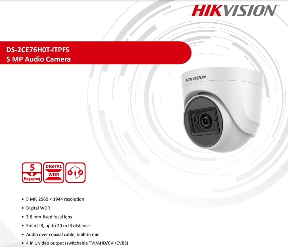 HIKVISION 5 MP Indoor Dome CCTV Camera with inbuilt Audio Mic DS-2CE76H0T-ITPFS White Wired, 1080P