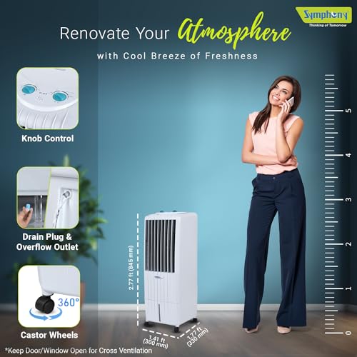 Symphony Diet 12T Personal Tower Air Cooler for Home with Honeycomb Pad, Powerful Blower, i-Pure Technology and Low Power Consumption (12L, White)