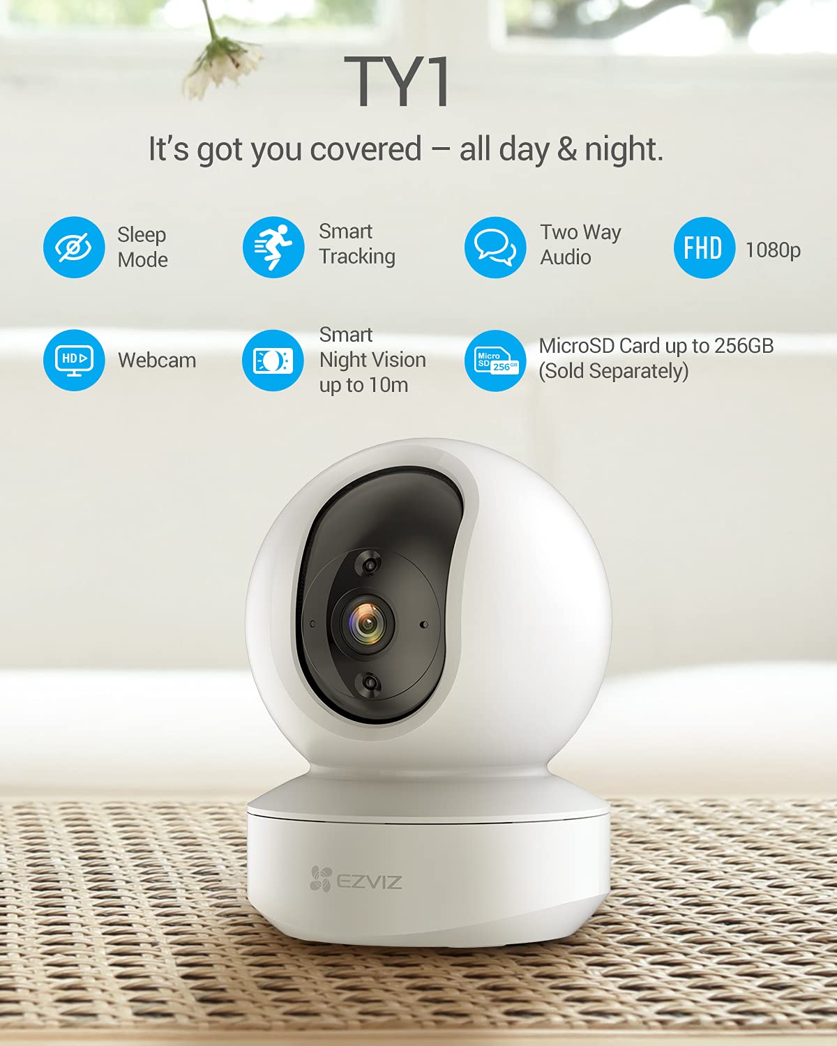 EZVIZ Security Camera Indoor WiFi 2MP| Motion Detection | Smart Tracking | Smart Night Vision| 2-Way Audio| Compatible with Alexa(TY1,White)