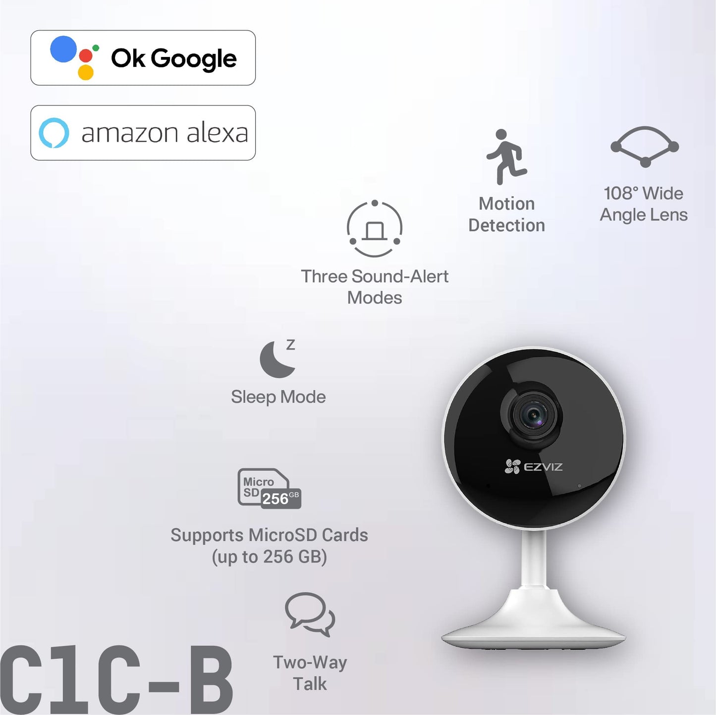 EZVIZ by Hikvision|C1C-B WiFi Indoor Home Smart Security Camera| 2 Way Talk 1080p Full HDl Privacy Protection| Night Vision| Motion Detection| BuiltIn MicroSD Card Upto 256GB | Alexa & Google, White