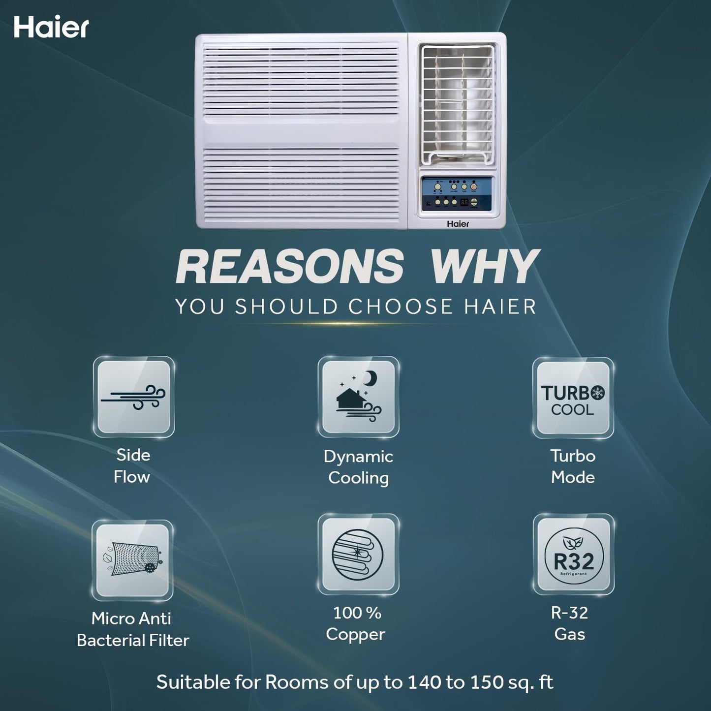 Haier 1.5 Ton 3 Star Fix Speed Side Flow Window AC (Copper, Turbo Mode, Anti Bacterial Filter, Cools at 54°C Temp, Long Air Throw - HWU18F-AOW3BN-FS, 2024 Model)