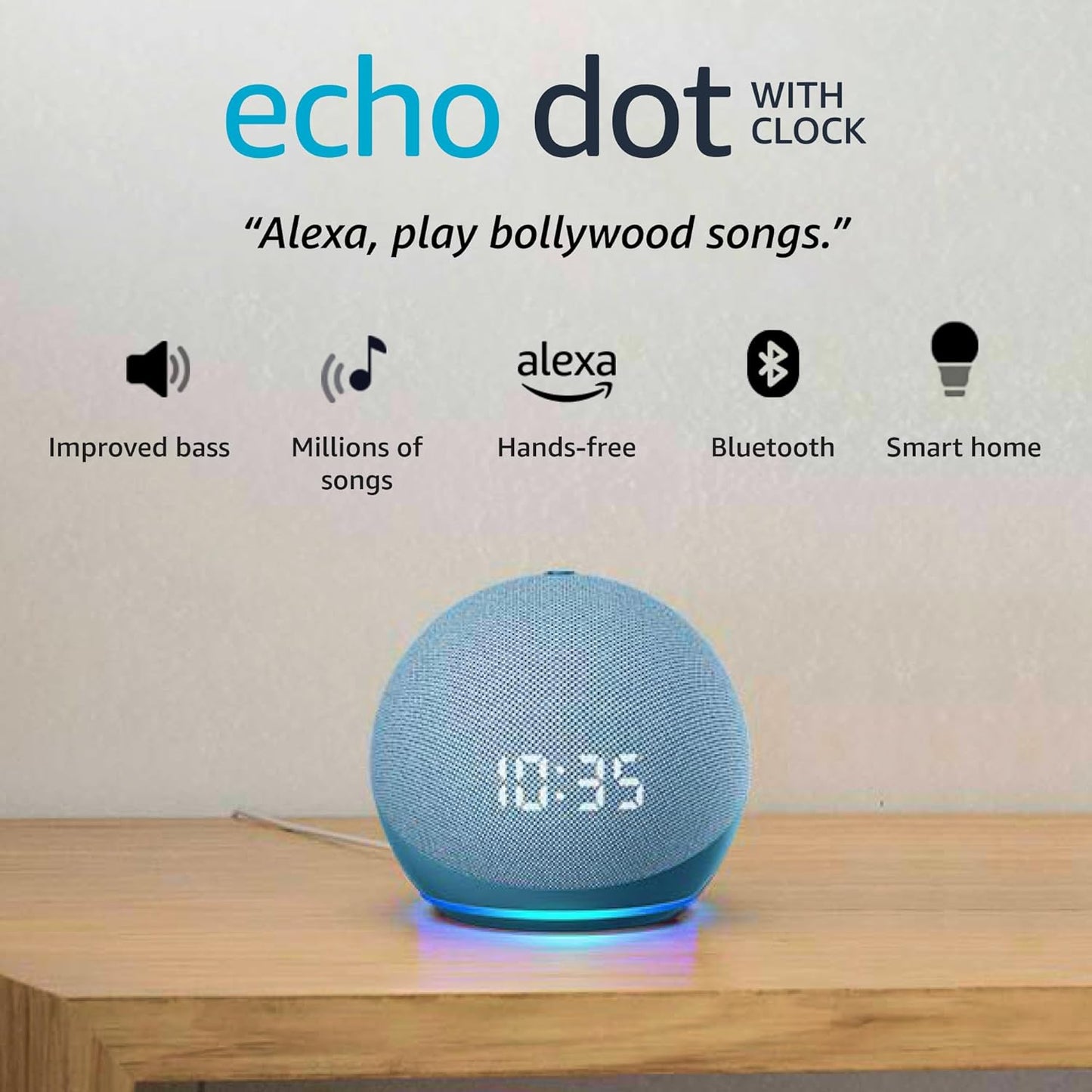 Amazon Echo Dot 4th Gen with clock | Smart speaker with powerful bass, LED display and Alexa (Blue)