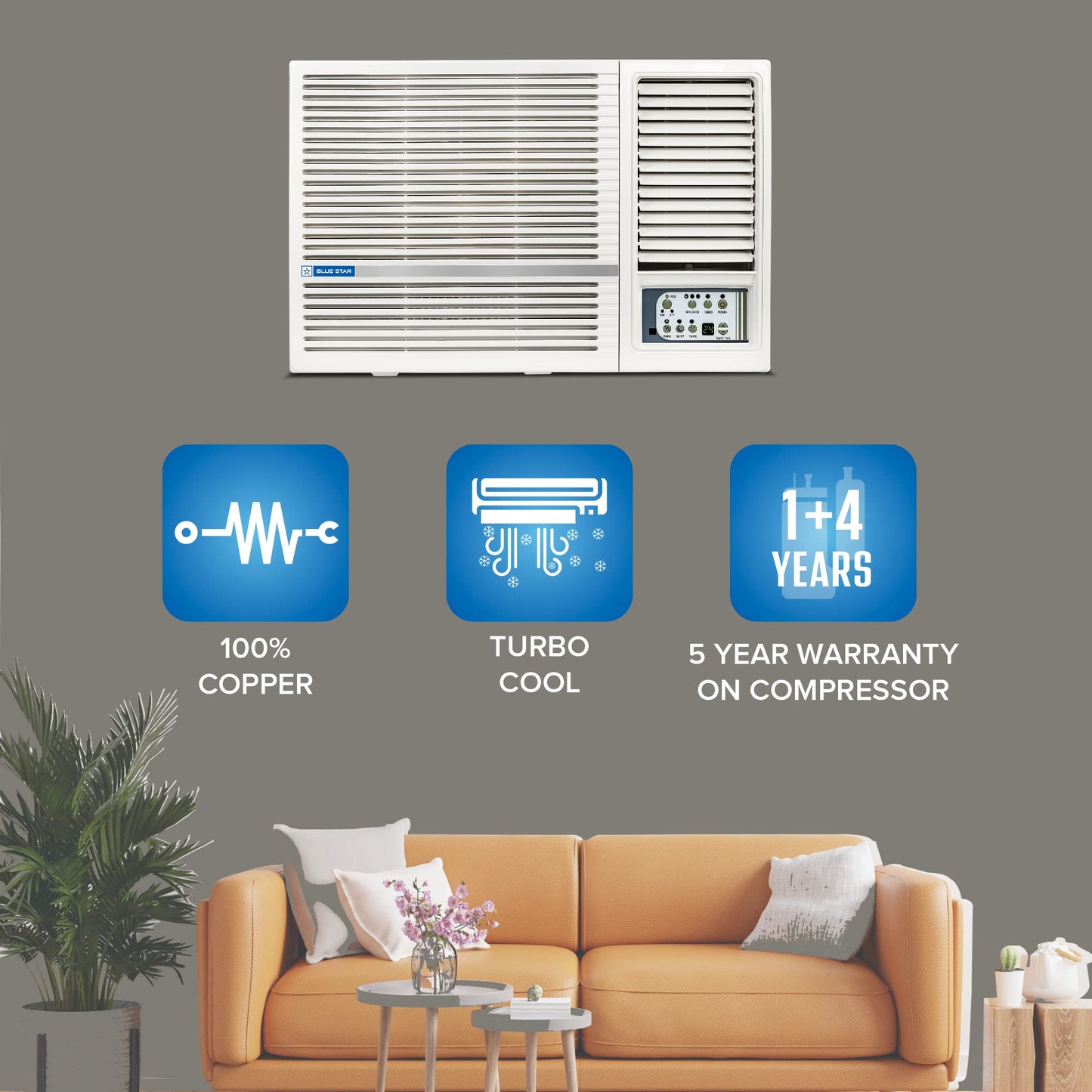 Blue Star 1.5 Ton 3 Star Fixed Speed Window AC (Copper, Turbo Cool, Fan Modes-Auto/High/Medium/Low, Hydrophilic Blue Fins, Dust Filters, Self-Diagnosis, 2024 Model, WFD318L, White)