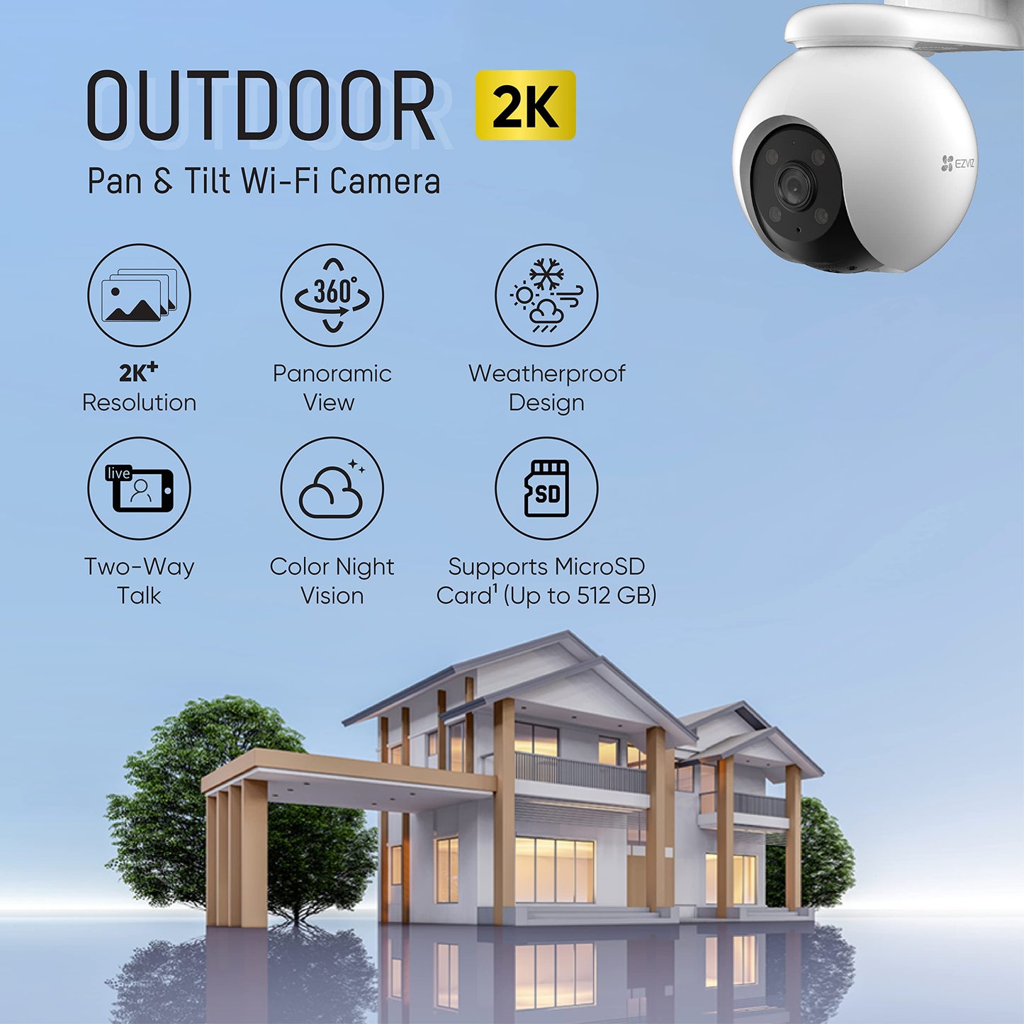 Ezviz by Hikvision H8 Pro Pan & Tilt Wi-Fi Camera|2K Resolution|360° Coverage|Auto-Tracking|Color Night Vision|Two-Way Talk|Weatherproof Design|Supports MicroSD Card¹(Up to 512 GB)|White