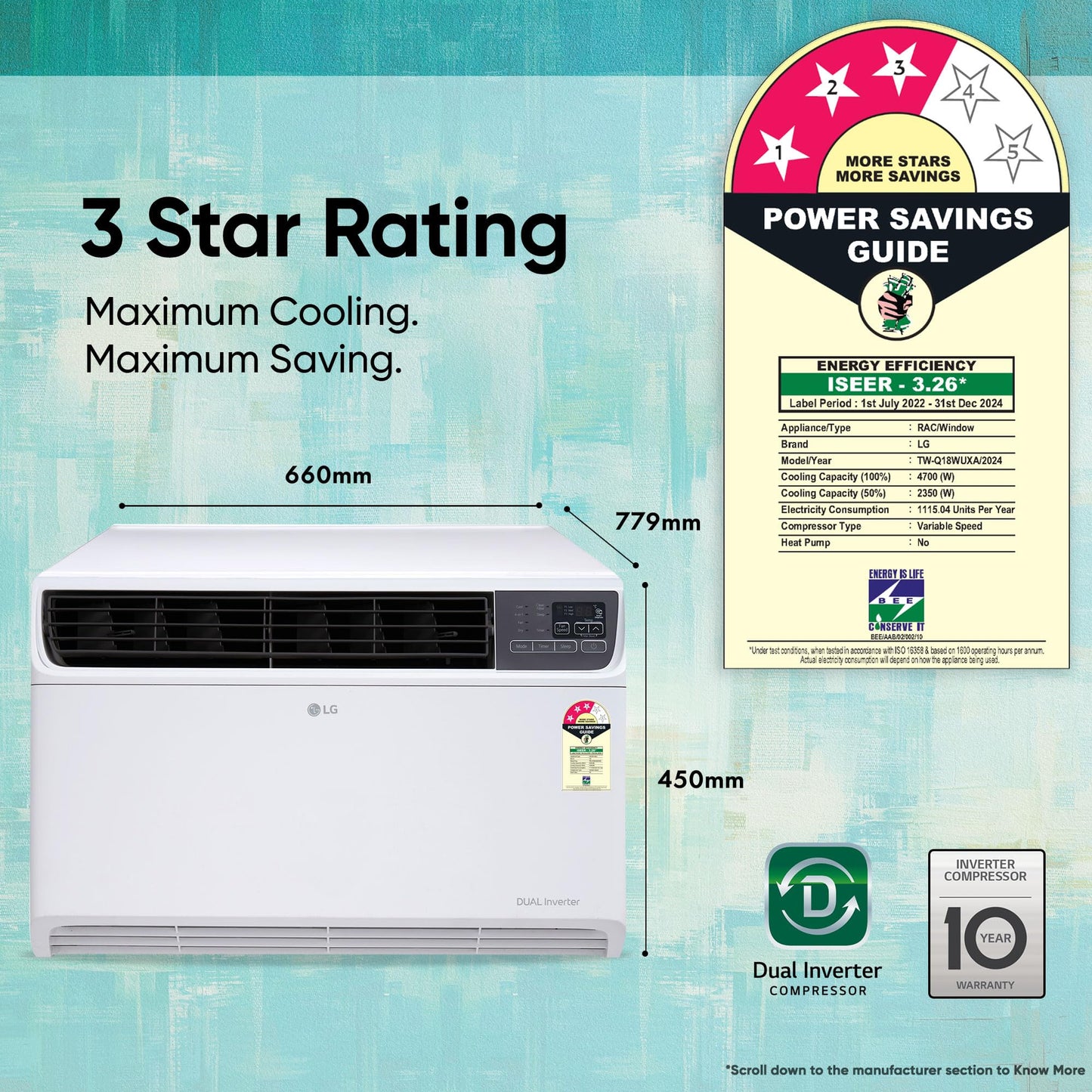 LG 1.5 Ton 3 Star DUAL Inverter Window AC (Copper, Convertible 4-in-1 cooling, 4 Way Air Swing, HD Filter, 2024 Model, TW-Q18WUXA, White)