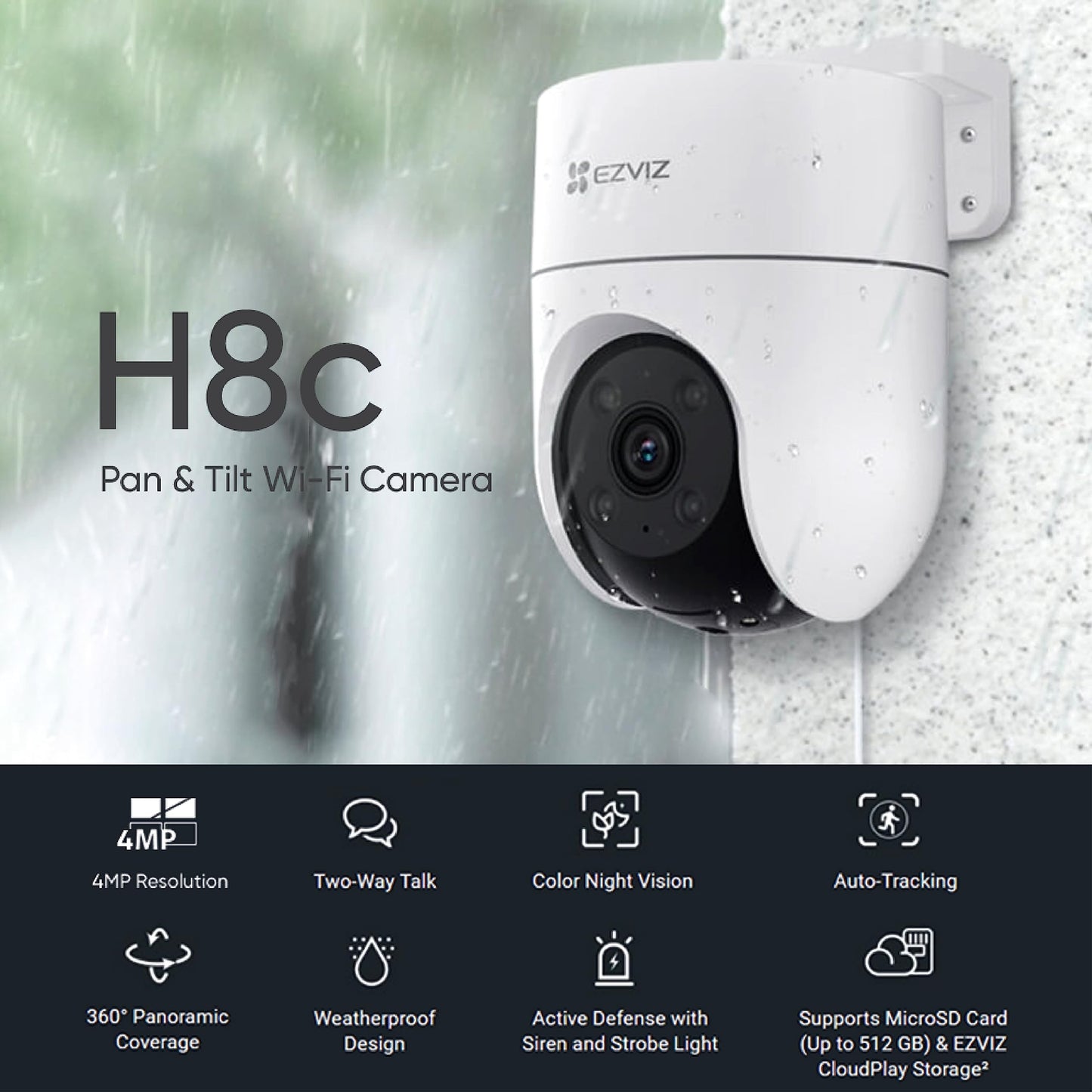 Ezviz by Hikvision H8 Pro Pan & Tilt Wi-Fi Camera|2K Resolution|360° Coverage|Auto-Tracking|Color Night Vision|Two-Way Talk|Weatherproof Design|Supports MicroSD Card¹(Up to 512 GB)|White